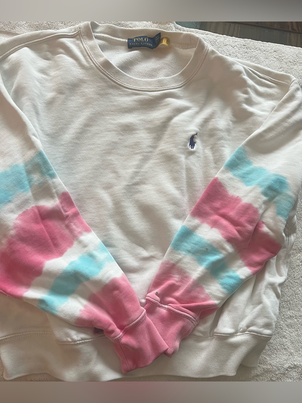 Polo by Ralph Lauren White Crewneck Sweatshirt with Pink & Blue Tie-Dye Sleeves